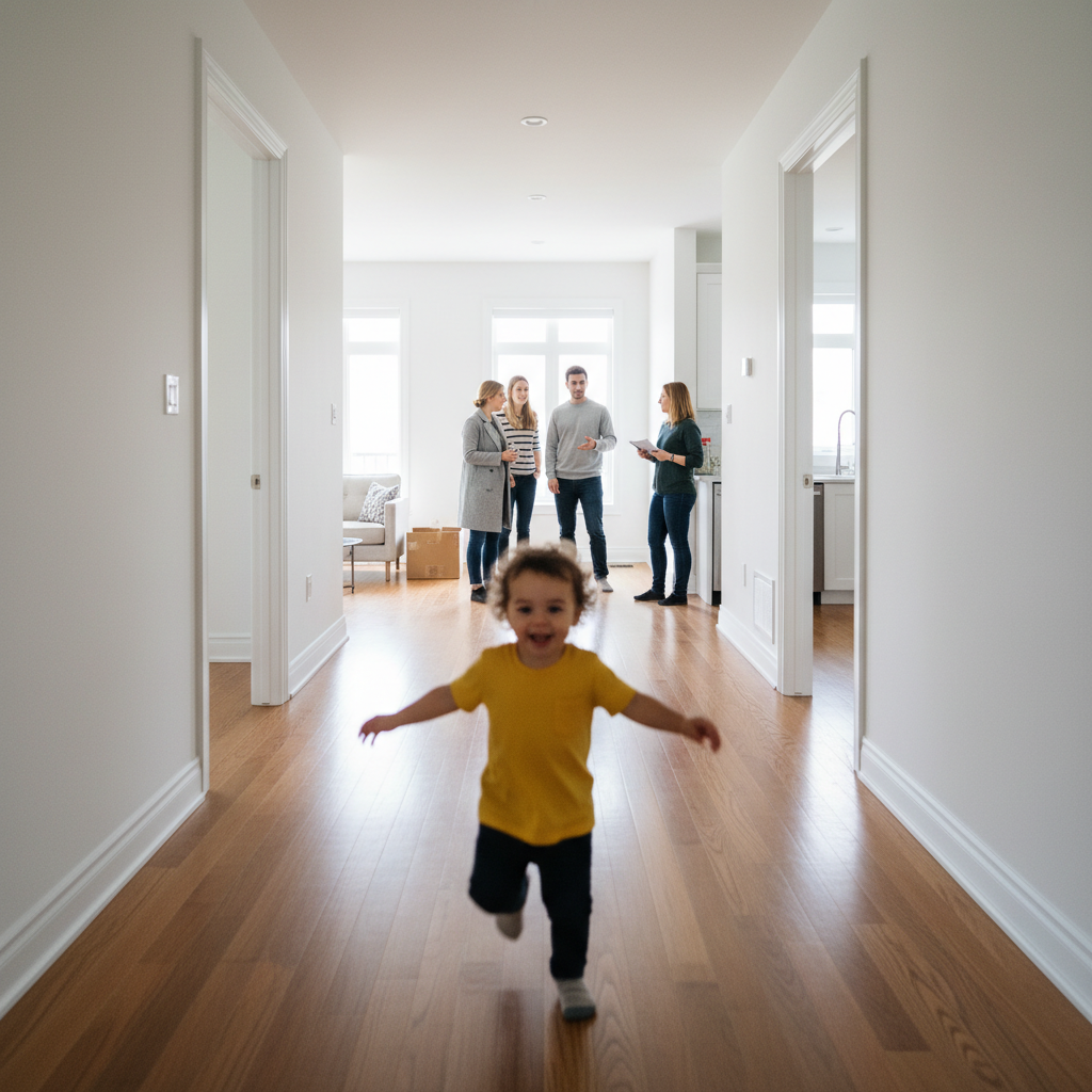 A wide open hallway in a Toronto home during an open house, prospective buyers moving through, a child running forward