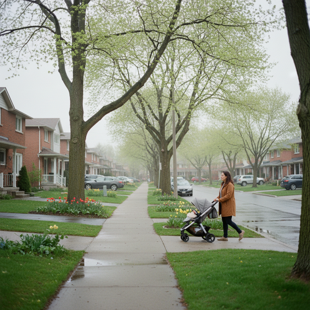 A quiet residential street in Waterloo Ontario on a spring morning, mature trees budding, a woman pushing a stroller past detached homes with front yards