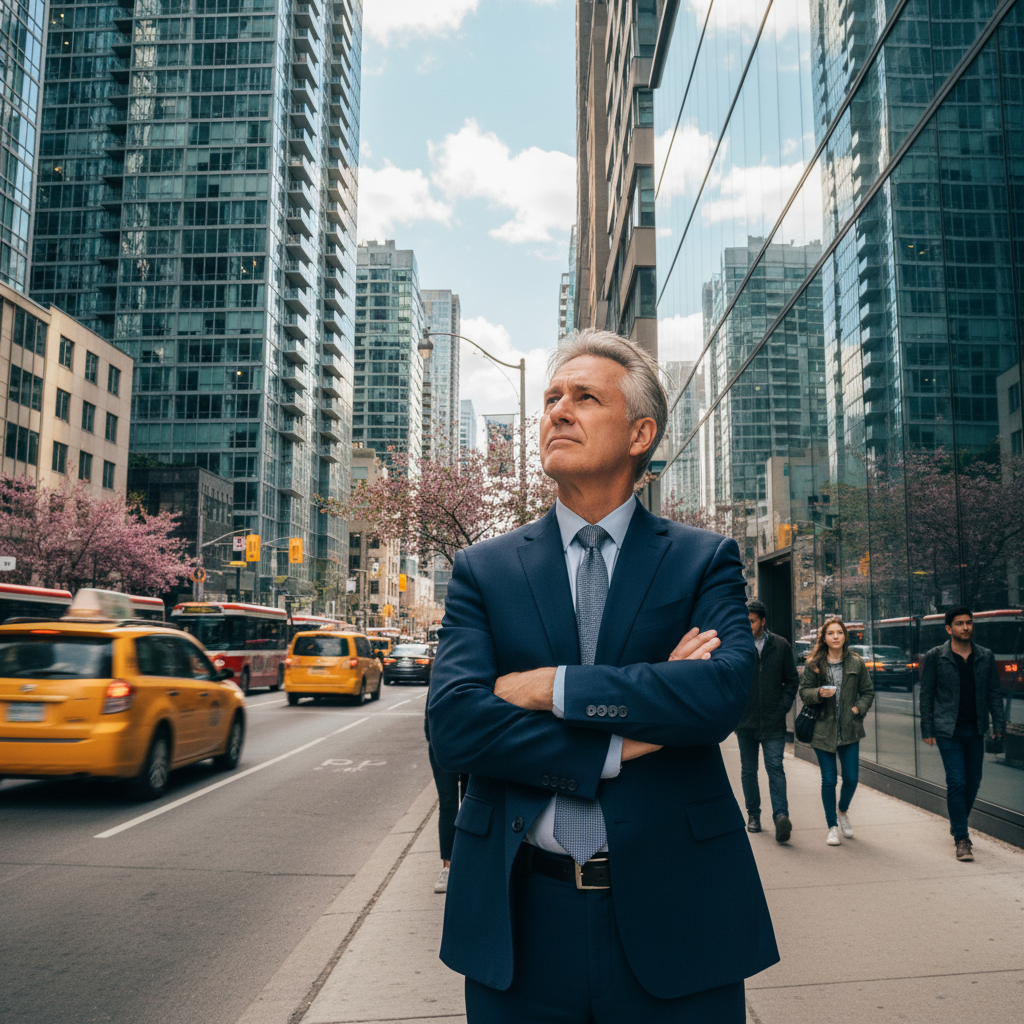 A Toronto real estate agent in his 50s stands outside a glass condo tower on a spring afternoon, arms crossed, looking up at the building thoughtfully, street traffic visible behind him