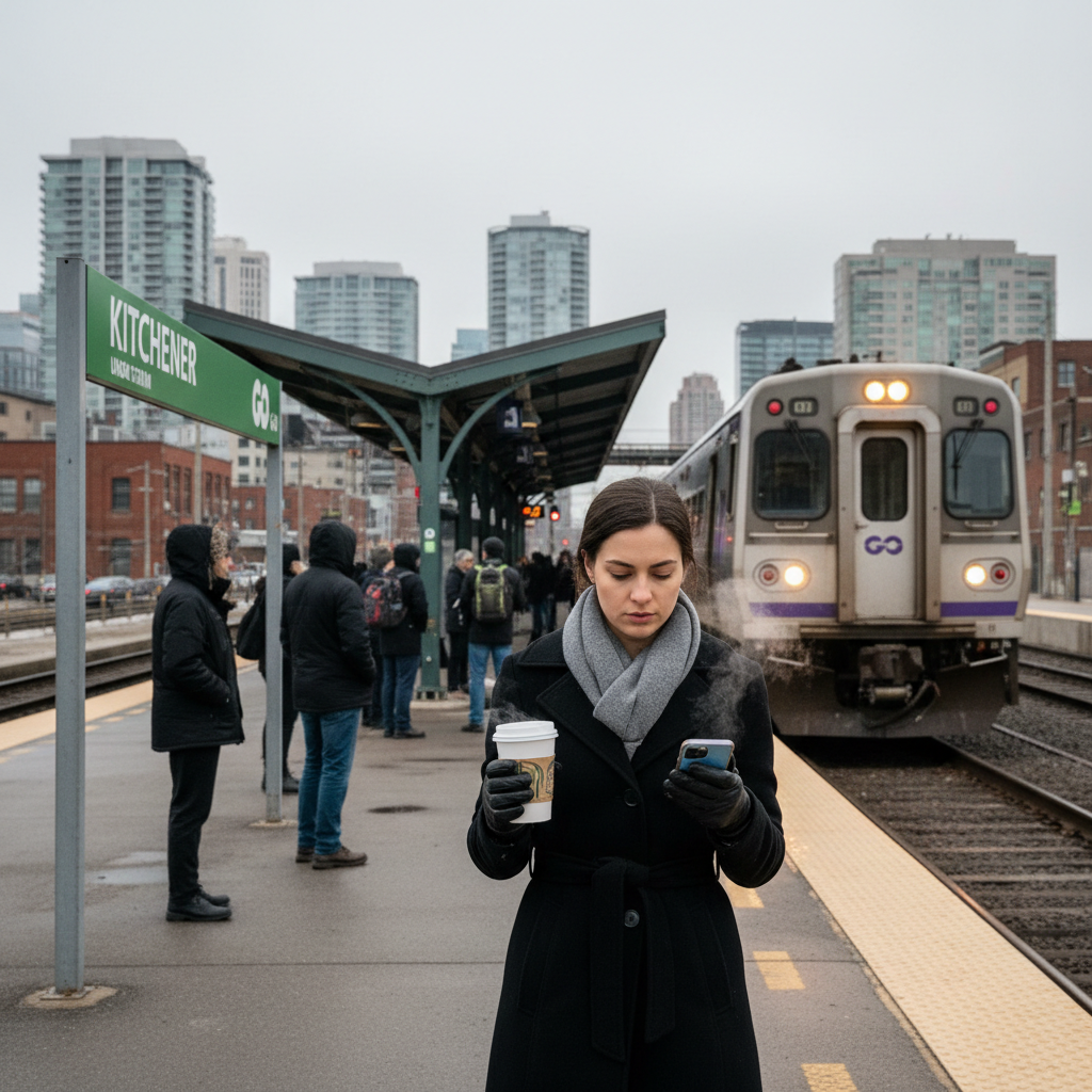 A GO Train arriving at Kitchener station, a young professional boarding, the commute that changes the calculus entirely