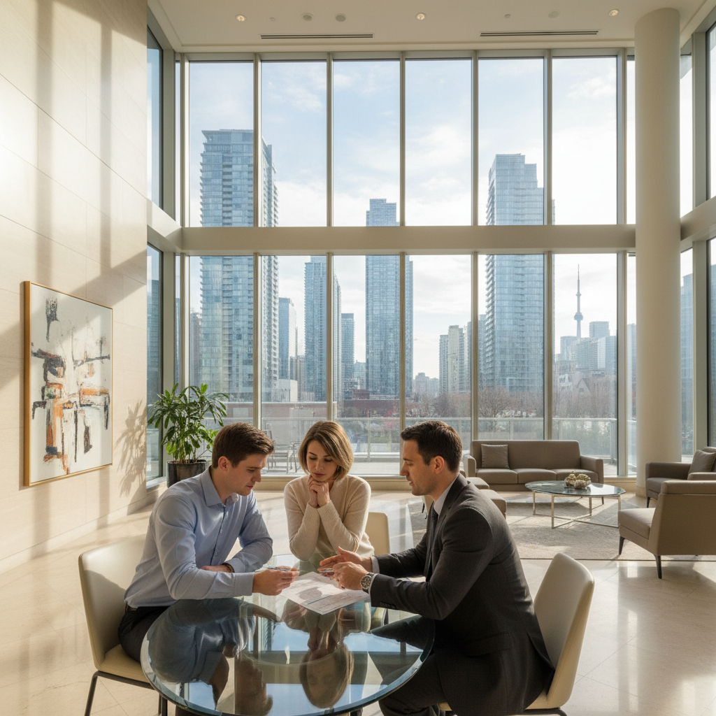 Young couple in their late 20s reviewing a property listing with a real estate agent in a Toronto condo lobby, city skyline behind them through floor-to-ceiling glass, late morning light
