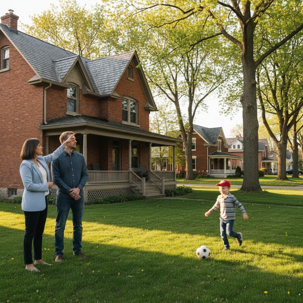 A family at a showing in Fenelon Falls, the agent pointing out features, the specific consideration of a serious decision
