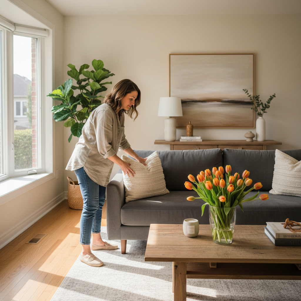 A home stager adjusting a throw pillow in a beautifully staged Vaughan Ontario living room, fresh tulips on the coffee table, warm white walls, afternoon light streaming in, the craft of making a home irresistible