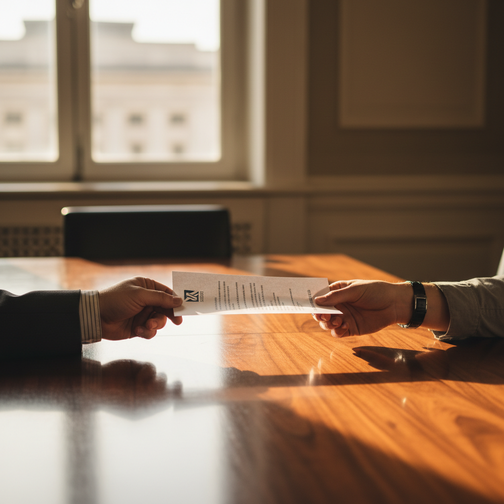 A close-up of hands exchanging a mortgage document across a table, the transaction that makes the life possible