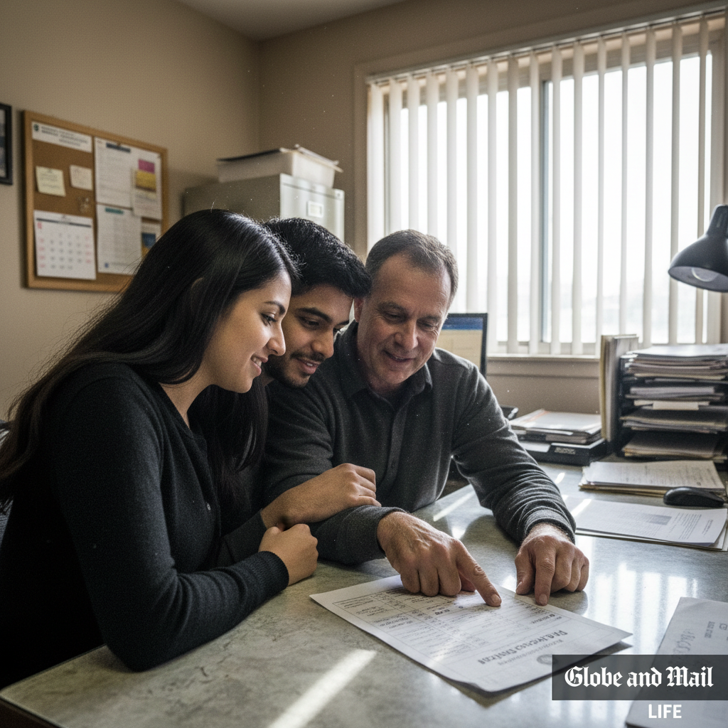 A GTA mortgage broker walks a young Brampton couple through their renewal options at a real office desk, real human subjects, natural light
