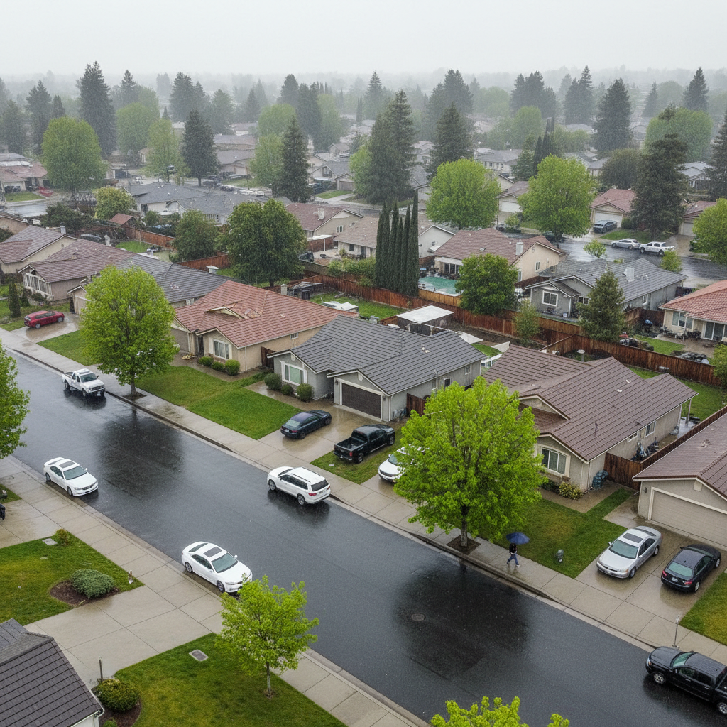 Drone aerial over an established GTA suburb in spring rain, rows of detached homes with wet rooftops, maple trees leafing out, the settled permanence of Ontario neighbourhood life from above