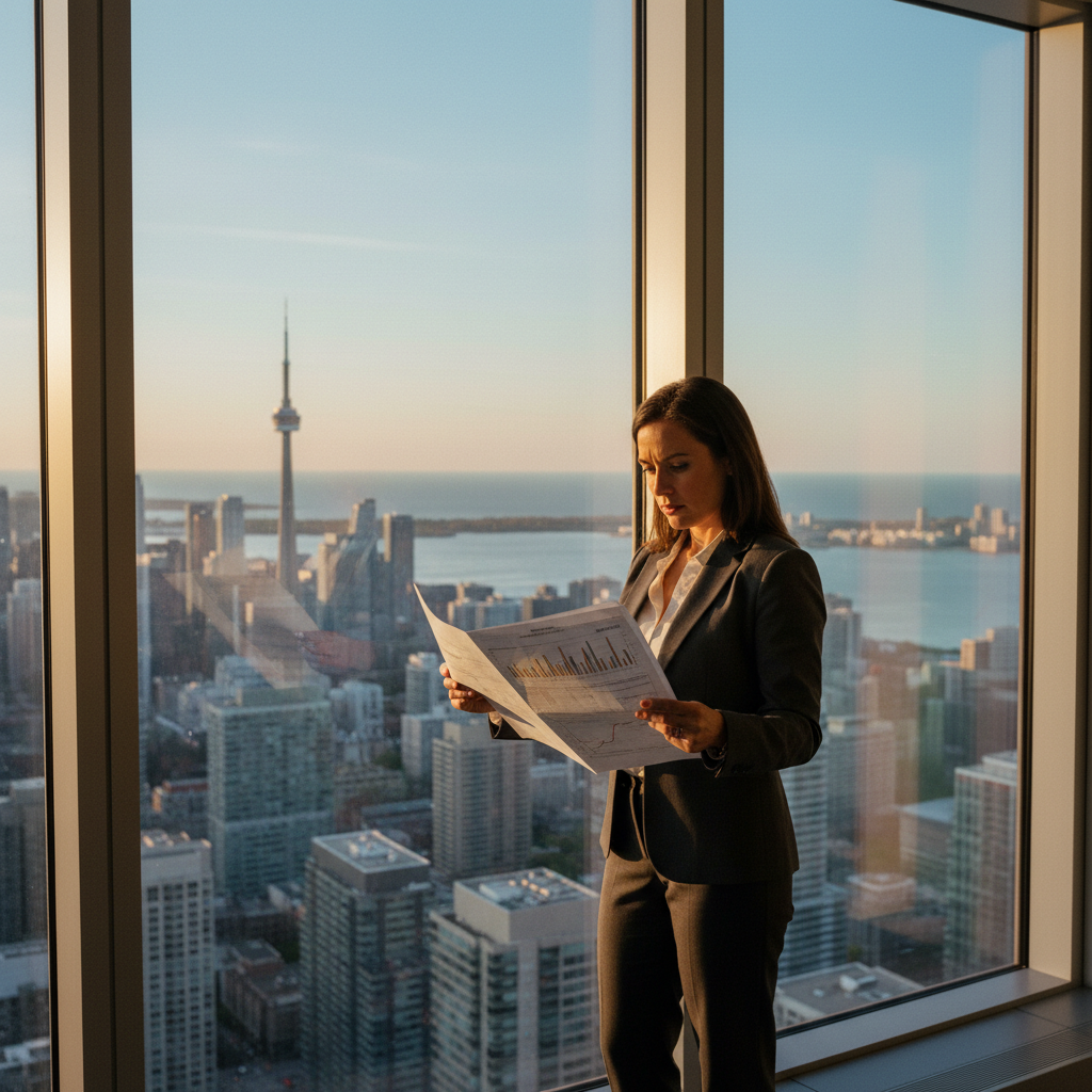 A real estate professional at a Toronto office window studying market data against the city skyline