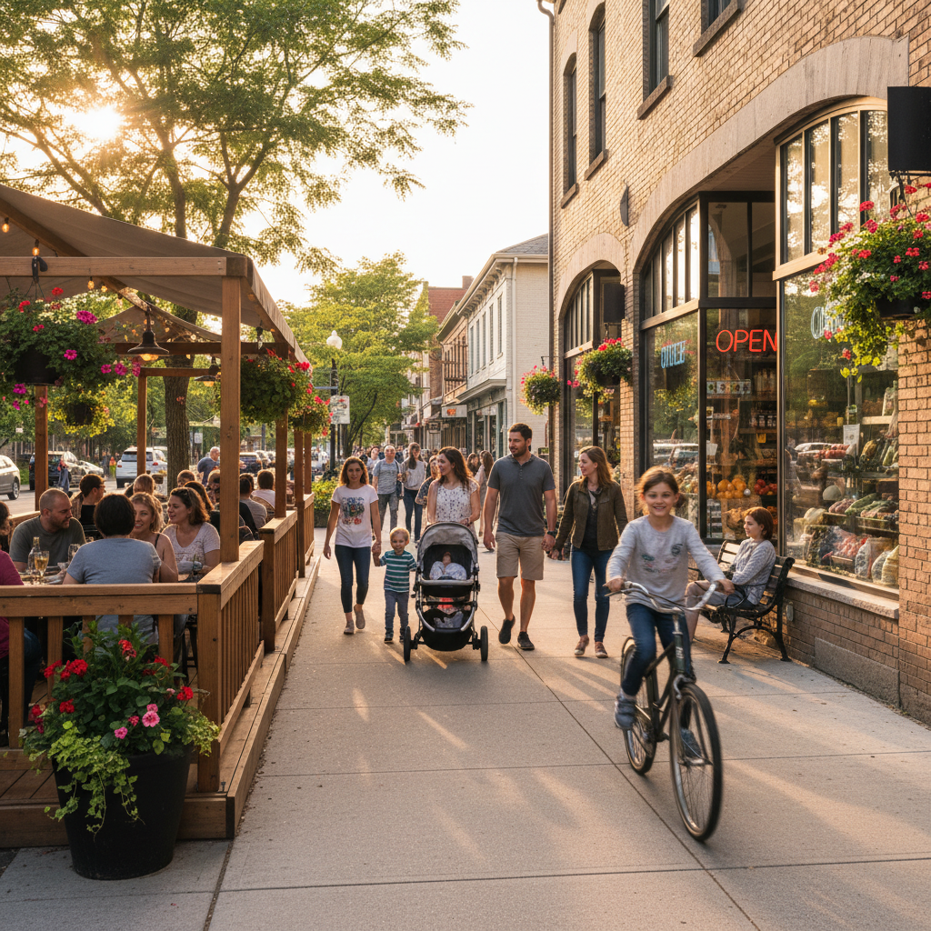 A lively Burlington main street patio and grocery scene at golden hour