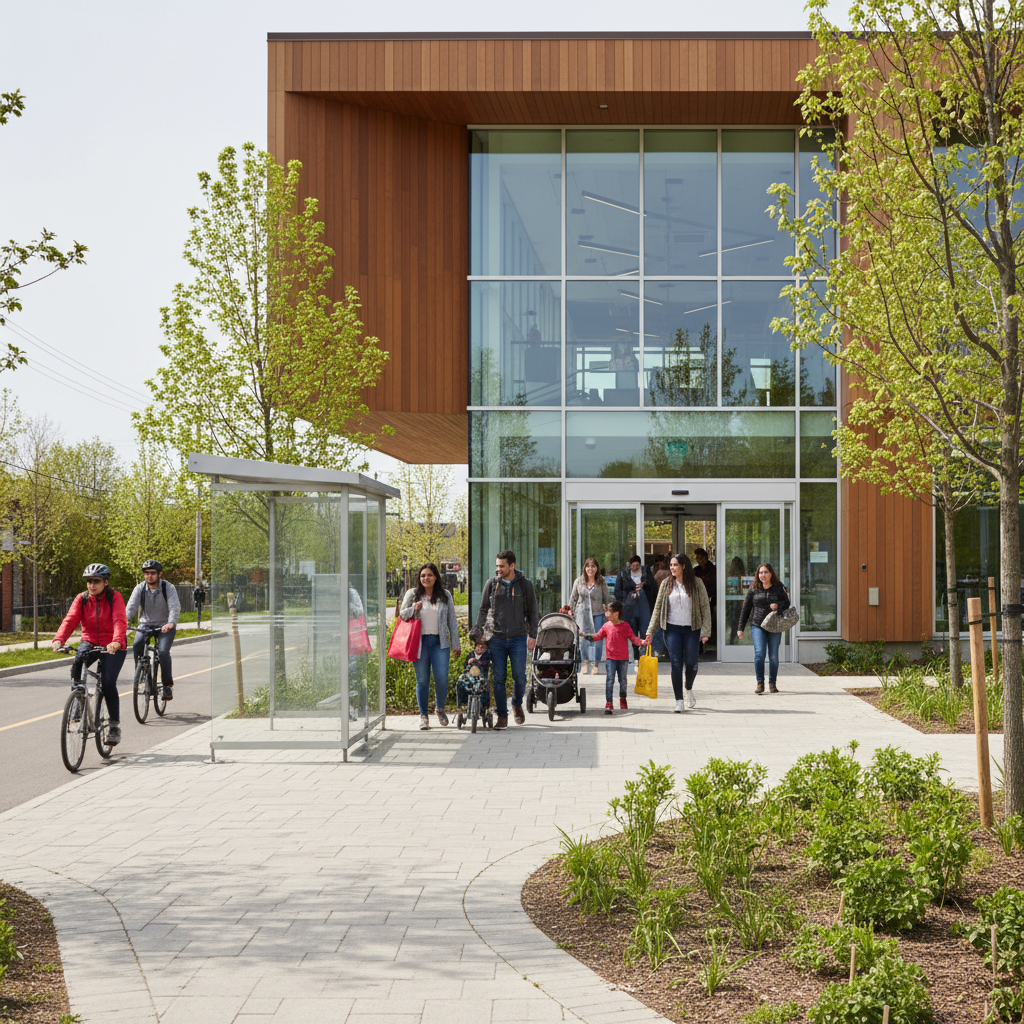 Families and cyclists outside a Kitchener Waterloo community centre and library on a spring day