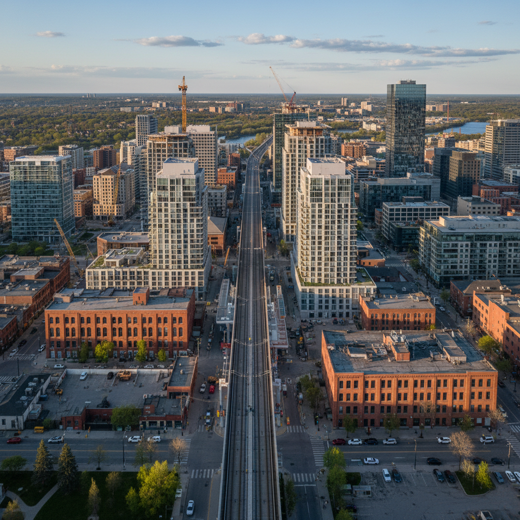 Aerial view of Kitchener's urban core, the LRT corridor and new towers rising beside the historic brick warehouse district