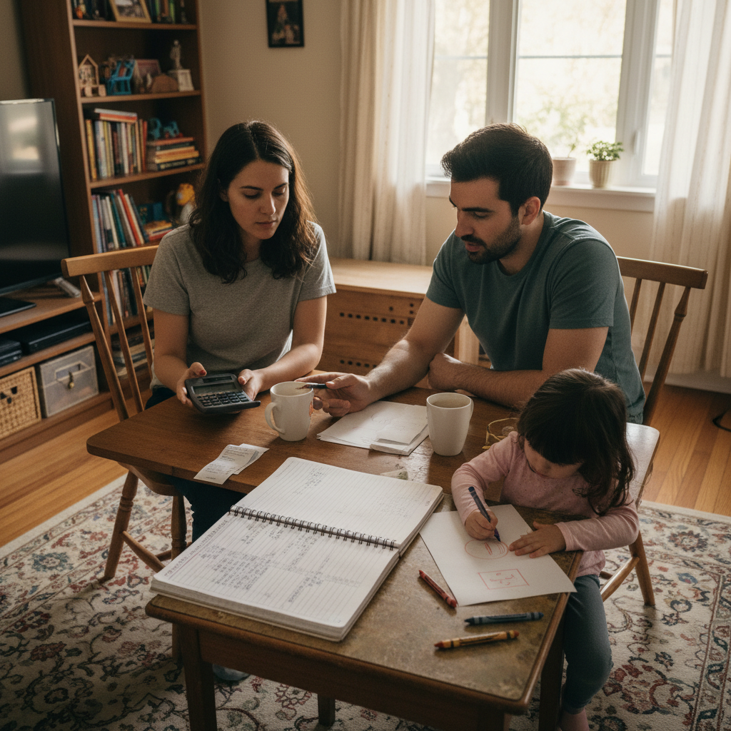 A Brampton family comparing household budget numbers at a dining table