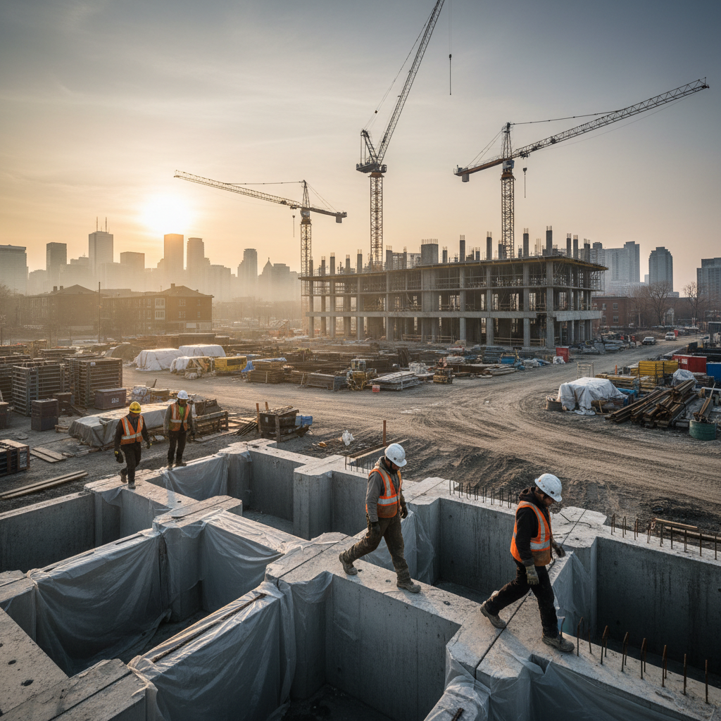 Workers walking through an Ontario mid rise construction site at sunrise