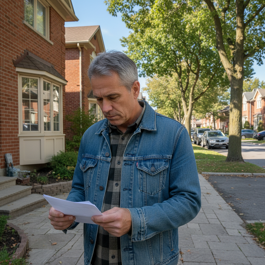 A Richmond Hill homeowner stands outside his brick townhome holding a mortgage renewal letter, quiet residential street behind him, natural daylight
