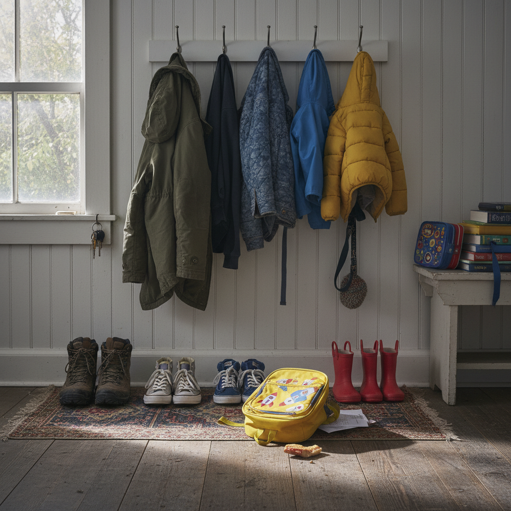 A GTA family mudroom, shoes and coats by size, a yellow backpack mid-floor, the evidence of a family fully in motion