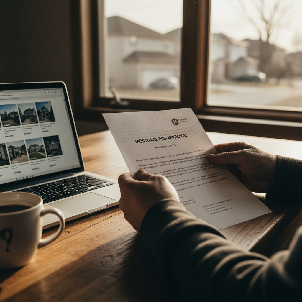 Man's hands holding a mortgage pre-approval letter at a kitchen table in Mississauga, early Saturday morning light