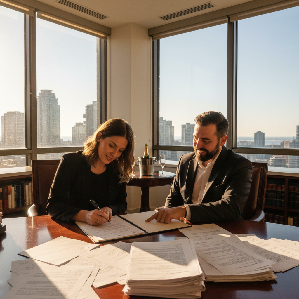 A young buyer signing closing documents at a lawyer's office, the transaction of a lifetime