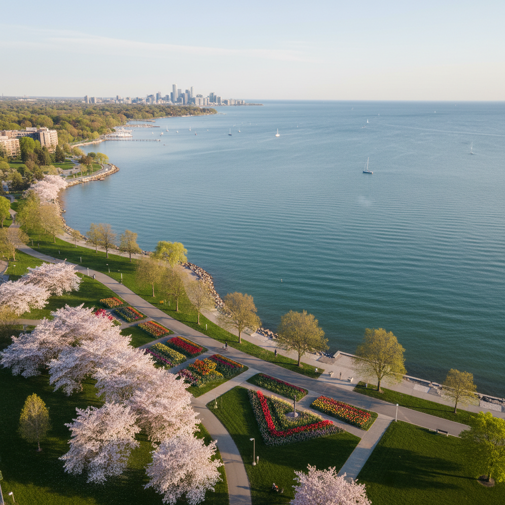 Aerial drone shot of the Burlington Ontario waterfront on a clear May morning, walking paths along Lake Ontario, cherry blossoms and tulips in foreground parks, the serene scale of the lake to the horizon
