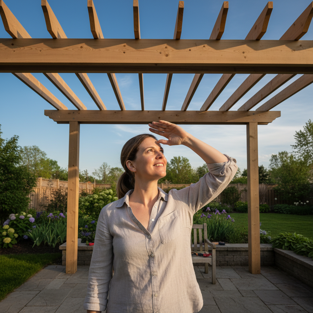 A freshly installed cedar pergola in a Burlington backyard, a woman looking up at it imagining what it will become