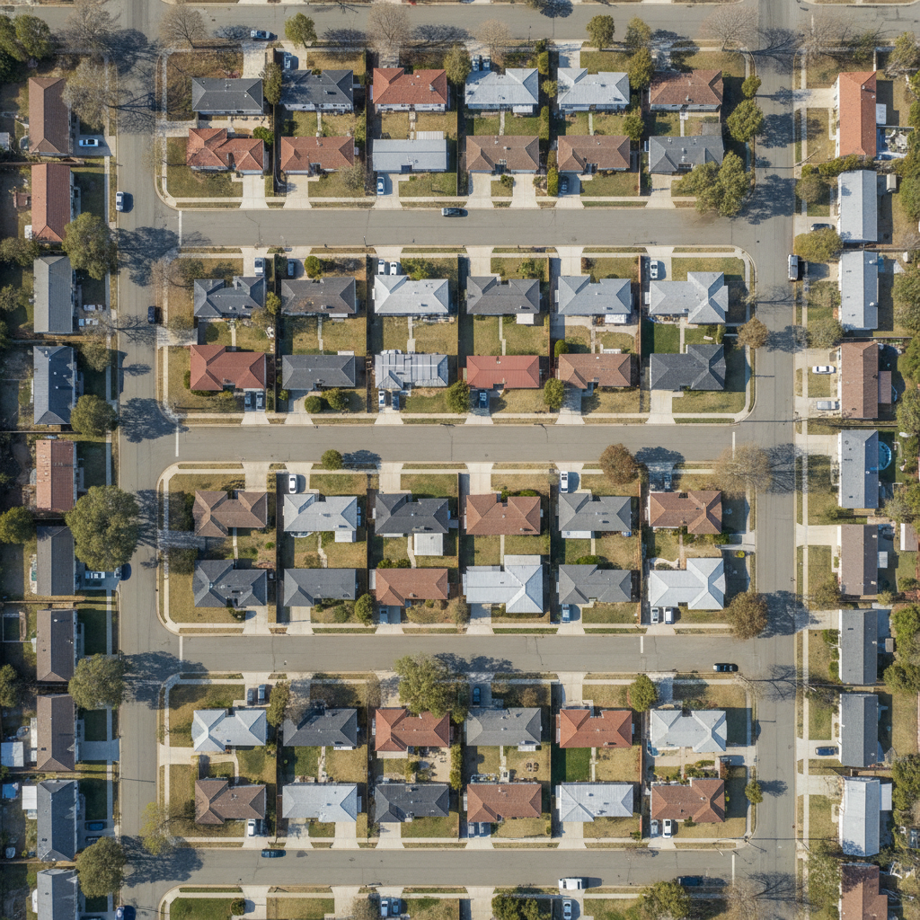 Aerial view of a GTA suburb in early spring, the market's geometry made visible from above