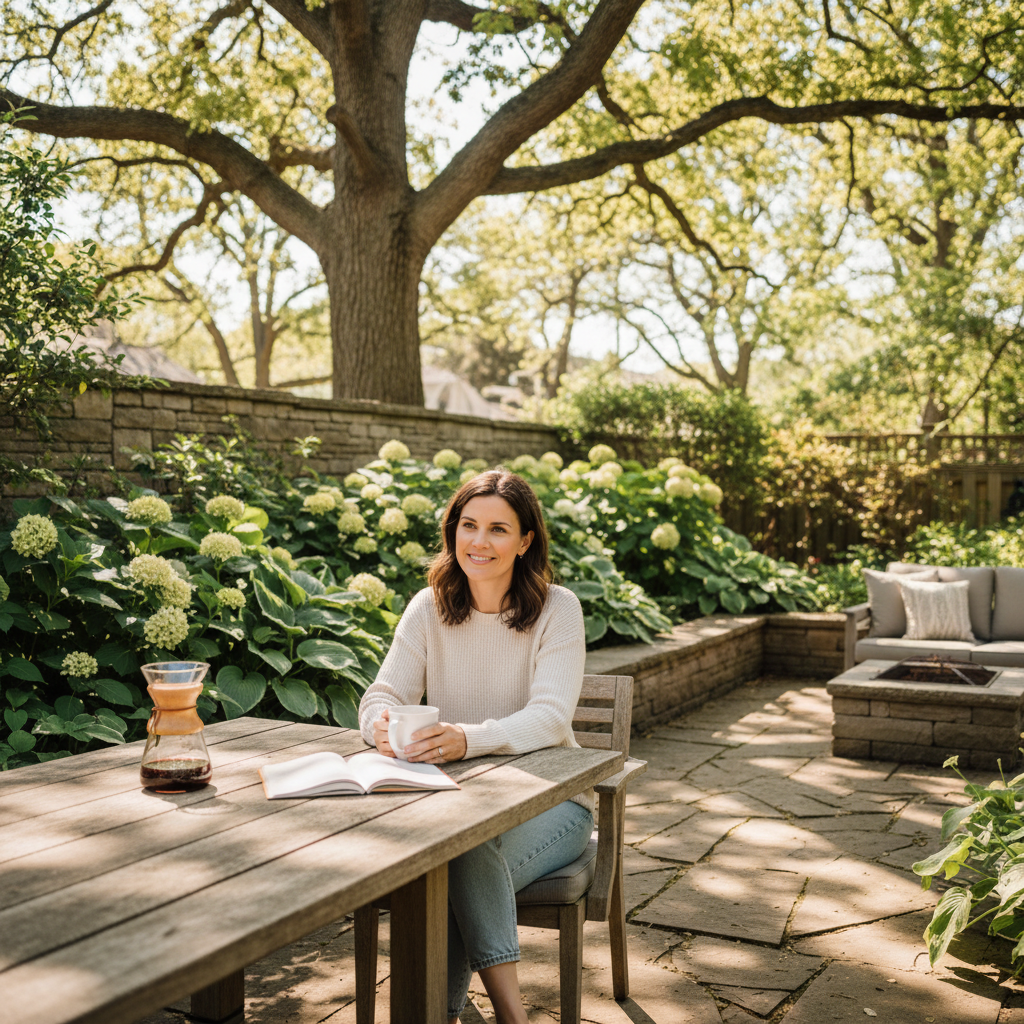 A woman with a coffee in a sun-drenched Oakville backyard on a spring morning