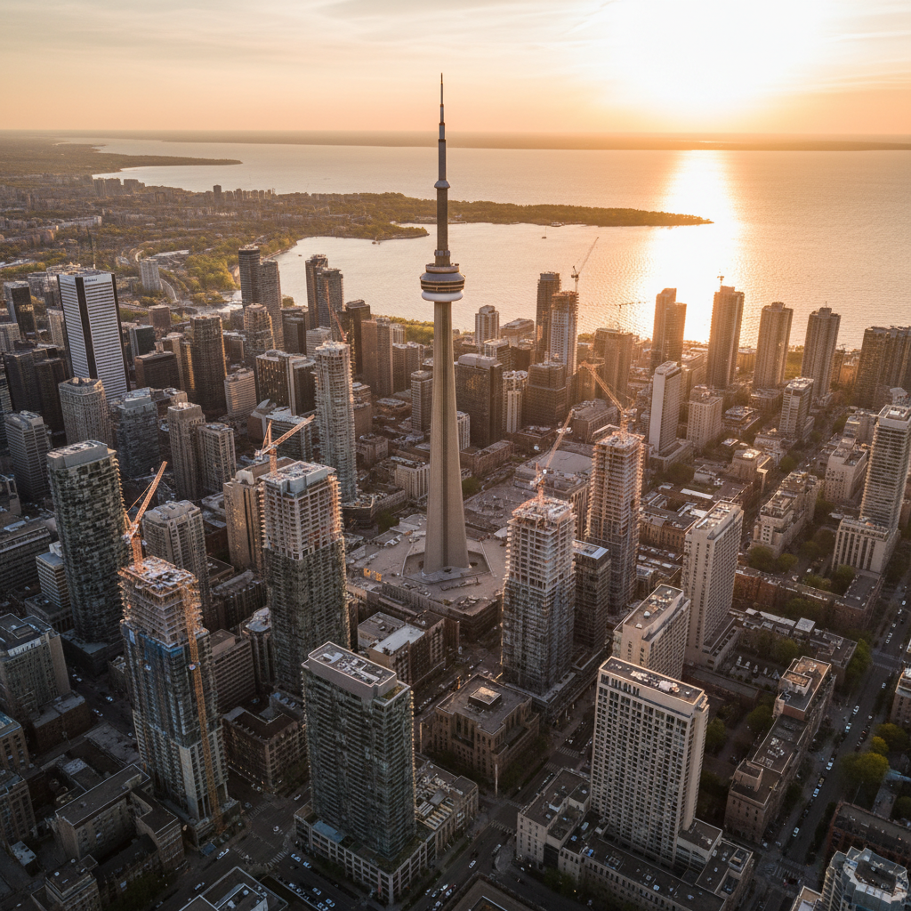 Aerial drone shot over downtown Toronto at golden hour, CN Tower prominent, Lake Ontario glittering south, cranes over new condo construction sites, the city alive with tension and growth