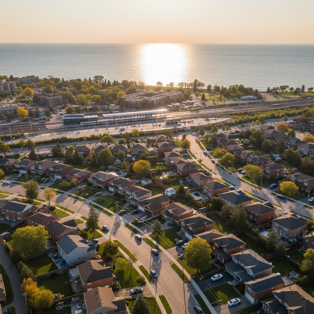 Drone aerial over a mixed residential street in Ajax Ontario at golden hour, GO train station visible in the middle distance, Lake Ontario glinting on the southern horizon