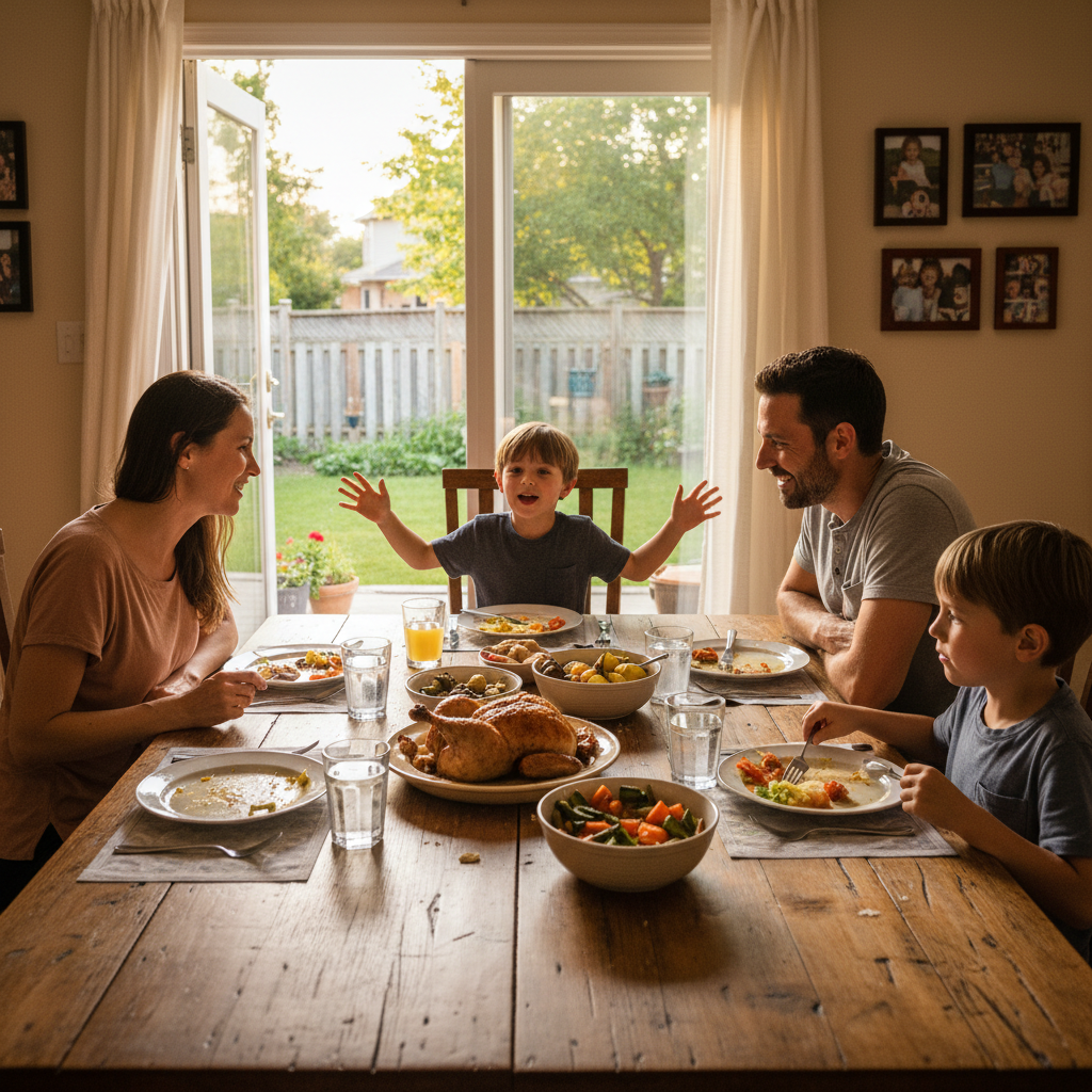 A family at dinner in Mississauga, patio doors open to the backyard, golden evening light, the irreplaceable warmth of an ordinary evening