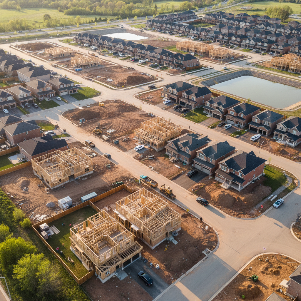 Drone aerial over a new subdivision under construction in Brampton Ontario, some homes fully built with families moved in, others still at framing stage, the raw geometry of a neighbourhood being born, spring afternoon light on the earth