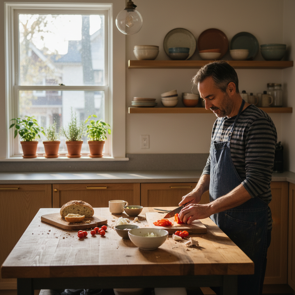 A Toronto homeowner prepares food at a kitchen island with natural wood cabinetry, ceramic dishes on open shelves, fresh herbs in terracotta pots on the windowsill, soft morning light