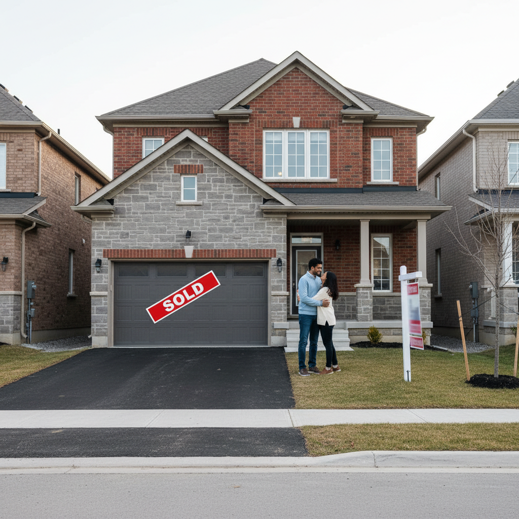 A young couple embracing on their new Barrie home's front porch, a SOLD sign on the lawn, spring light on the quiet street