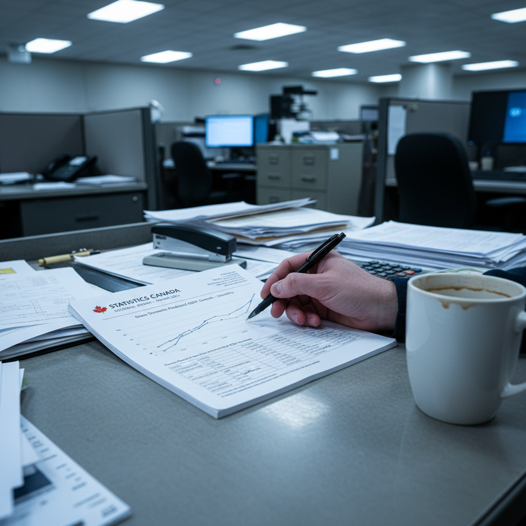 Close-up of a Statistics Canada GDP report open on a government desk, a hand with a pen pointing at a chart, coffee cup at the edge, the weight of a number that matters