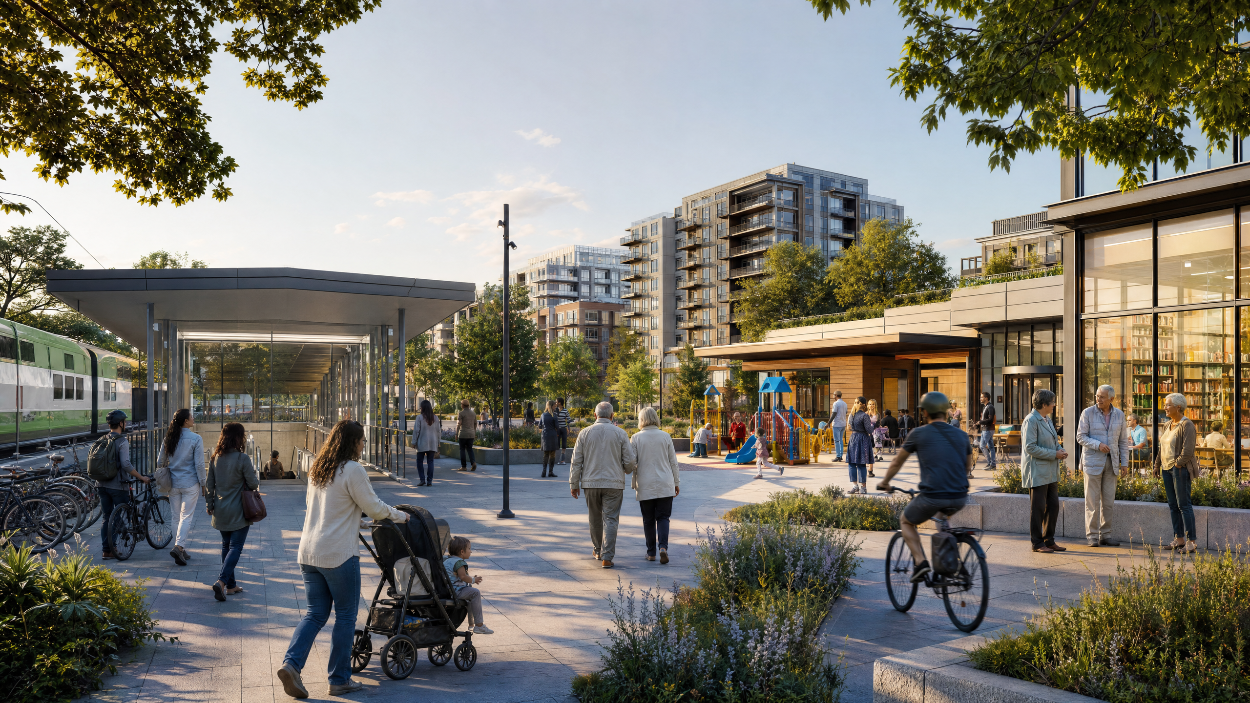 Oakville transit-oriented community scene with mixed-use buildings, pedestrians, cyclists, and local shops.