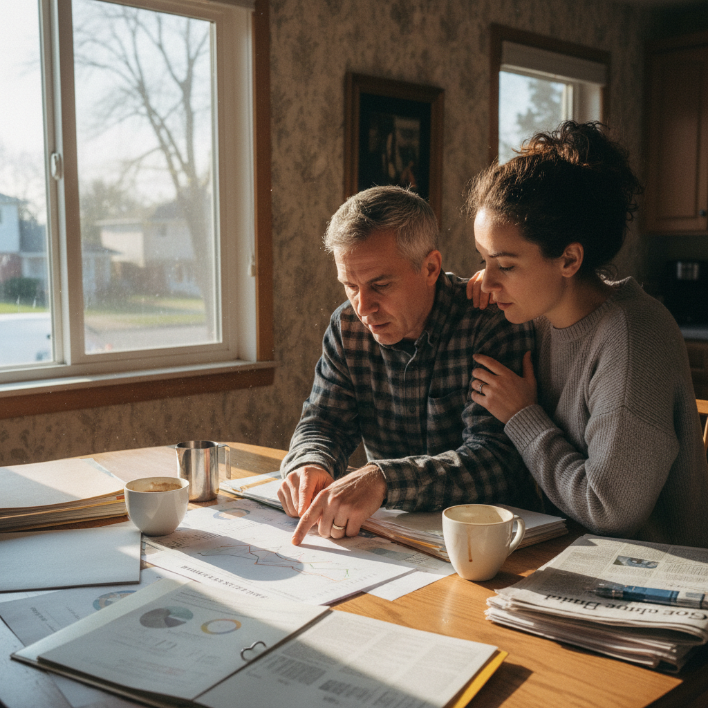 A couple in their late 30s sits at a kitchen table in Brampton Ontario reviewing printed GTA market statistics, one pointing at a graph, morning light through the window