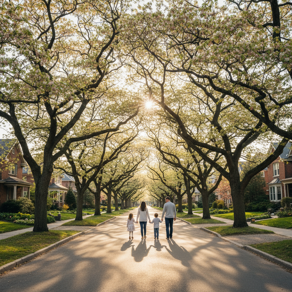 An Oakville residential street in spring, a family walking away down the street, the community they are choosing