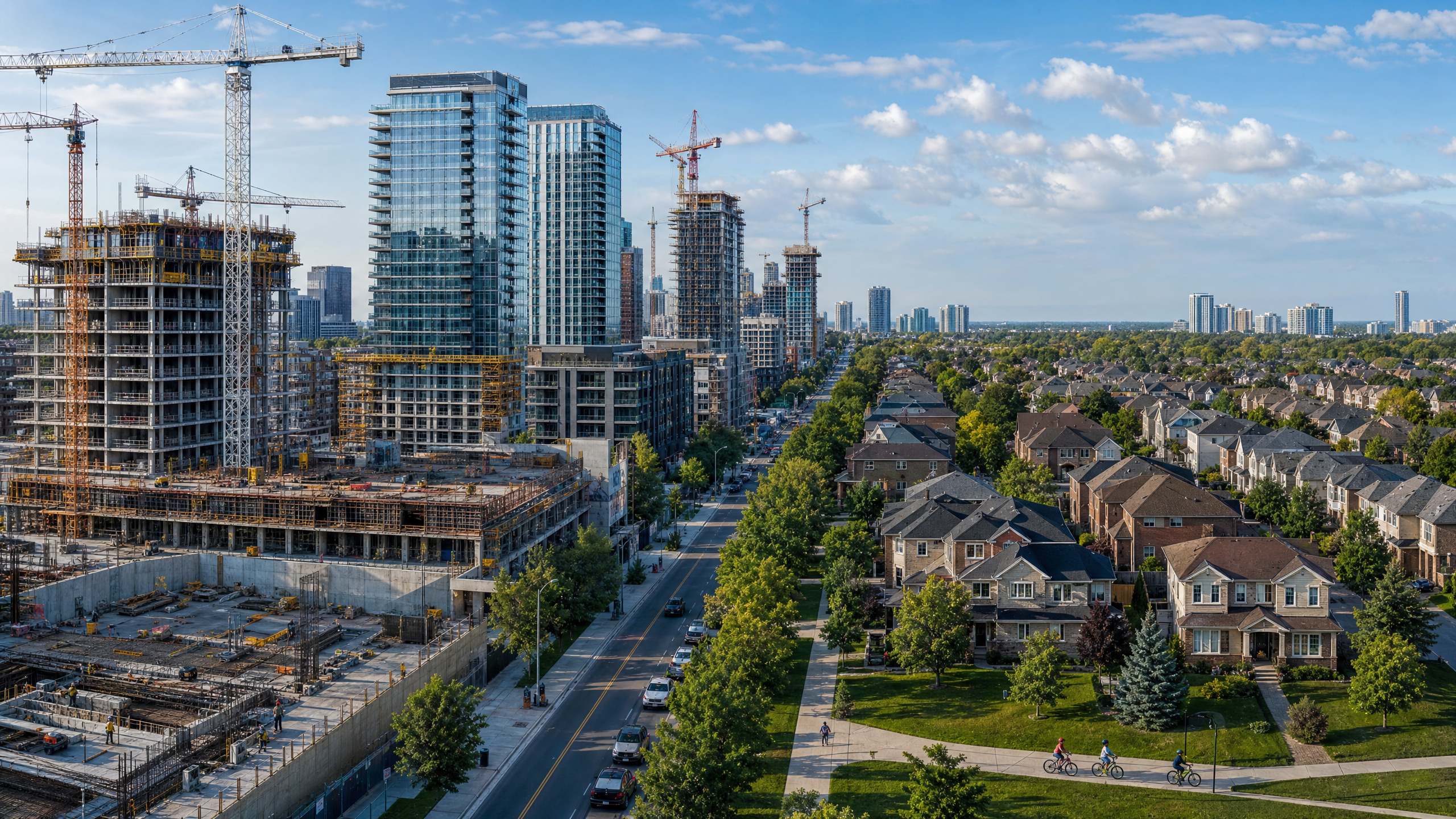 A cityscape contrasting active multi-unit construction with established low-rise family neighbourhoods.