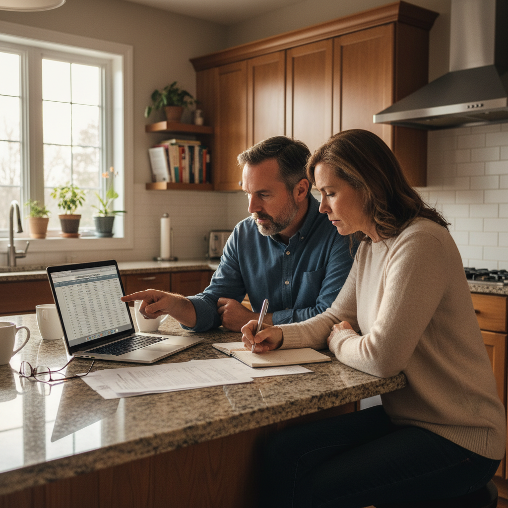 A North York couple reviews amortization calculations on a laptop at their kitchen island, warm afternoon light, genuine and focused