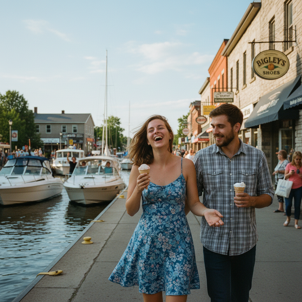 Bobcaygeon's main street on a spring afternoon, the Trent-Severn lock visible, a couple with ice cream, the ease of small city waterfront life