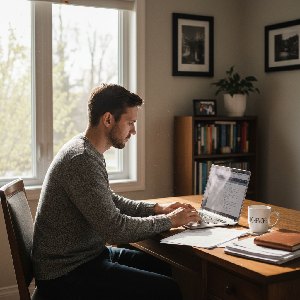 A homebuyer in his 30s reviews mortgage options at his home desk in Kitchener Ontario, spring light through the window, calm and focused