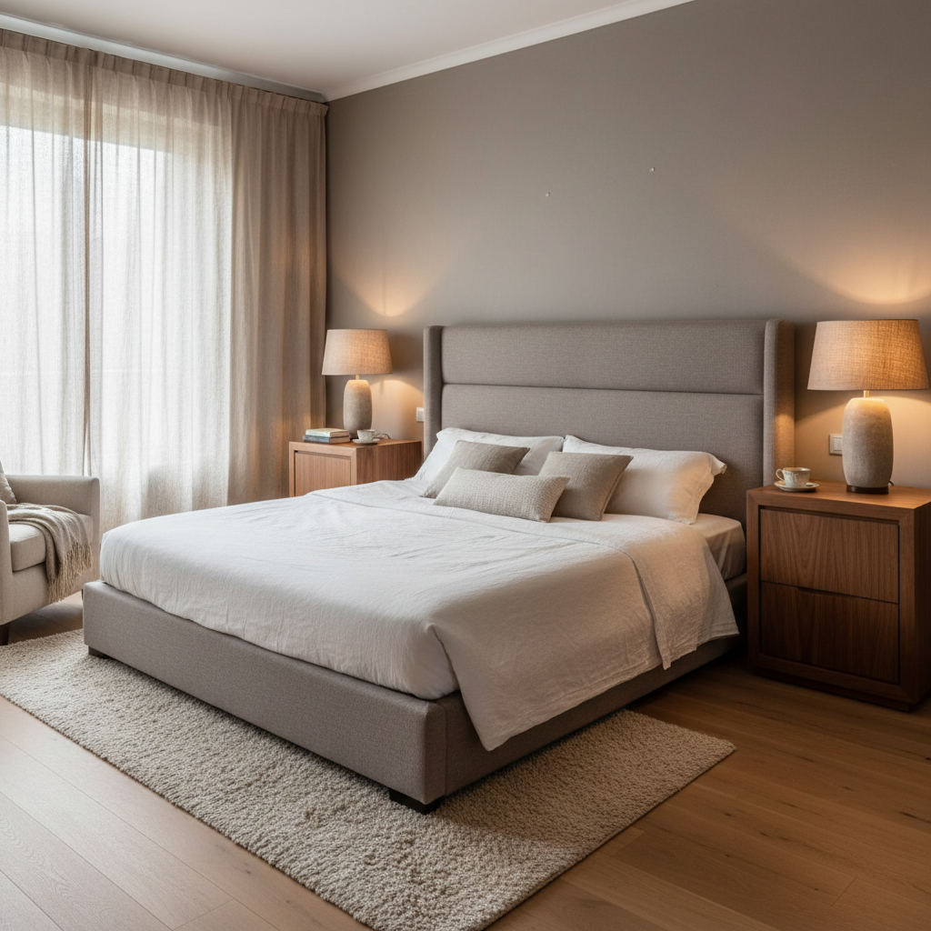 Boutique hotel inspired GTA primary bedroom staged with calm luxury