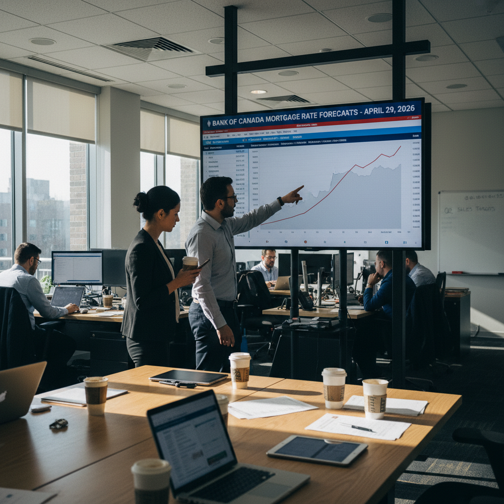A couple sits at their Mississauga dining table with a laptop open showing mortgage rate charts, studying the screen seriously, morning light through the window