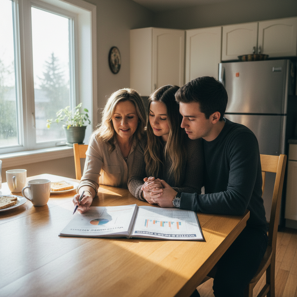 A YorkNine agent reviews the Waterloo Region market report with clients at a kitchen table in Waterloo Ontario, morning light