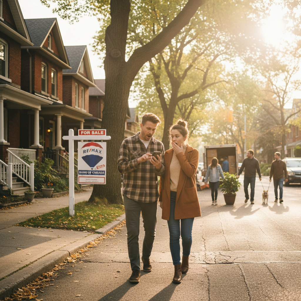 A GTA neighbourhood street at dawn, front lights still on, a for sale sign on one lawn, a woman walking her dog in the distance, quiet spring morning