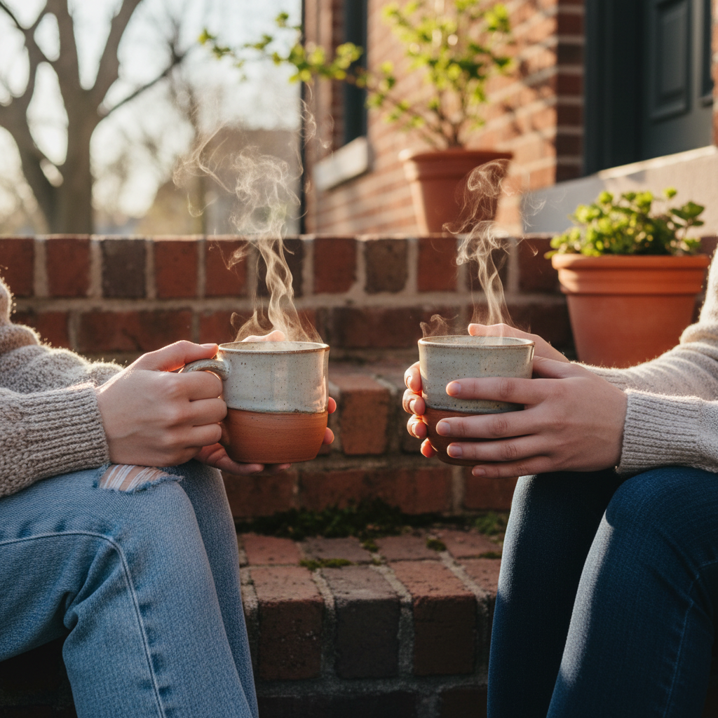 Two friends sit on the front steps of a brick home in Stouffville Ontario, coffee mugs in hand, laughing in afternoon spring light