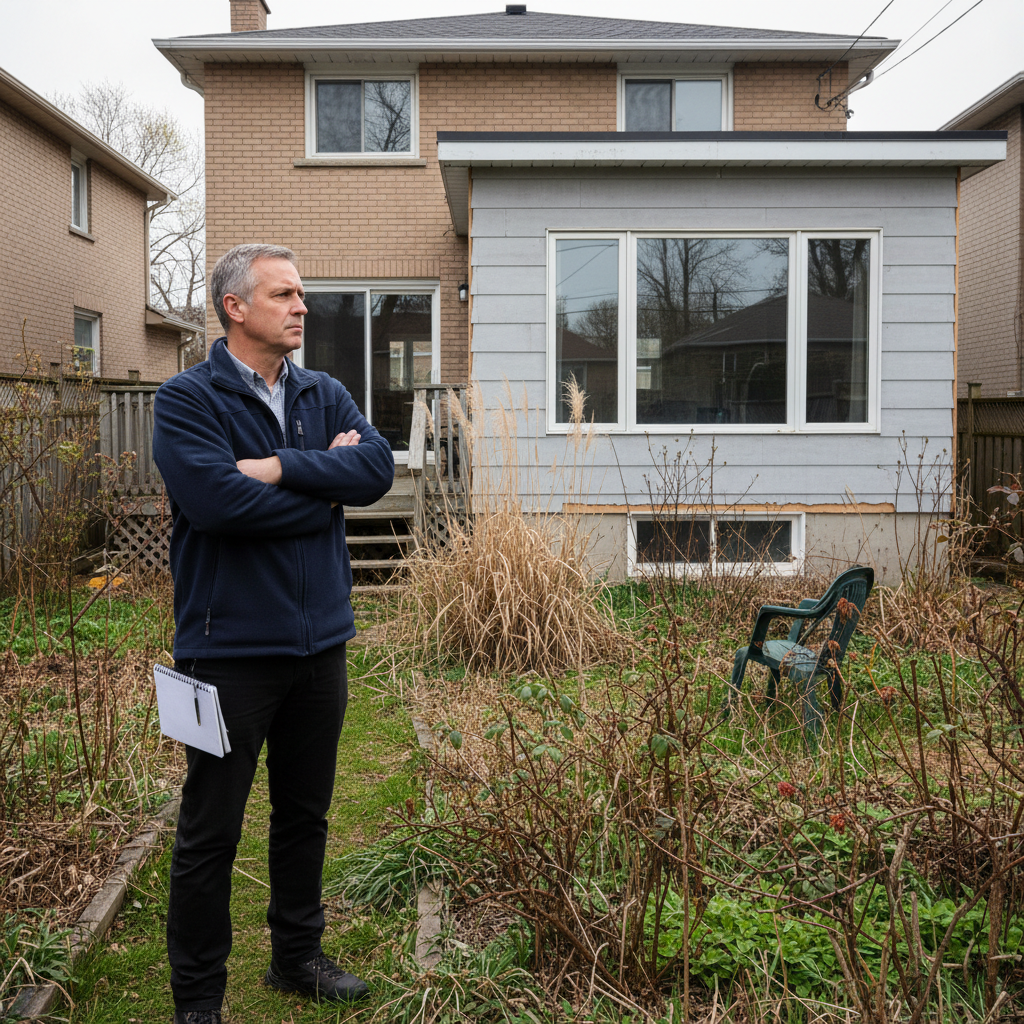A young couple stands in the backyard of a property in Aurora Ontario, assessing the space, discussing plans, spring afternoon light