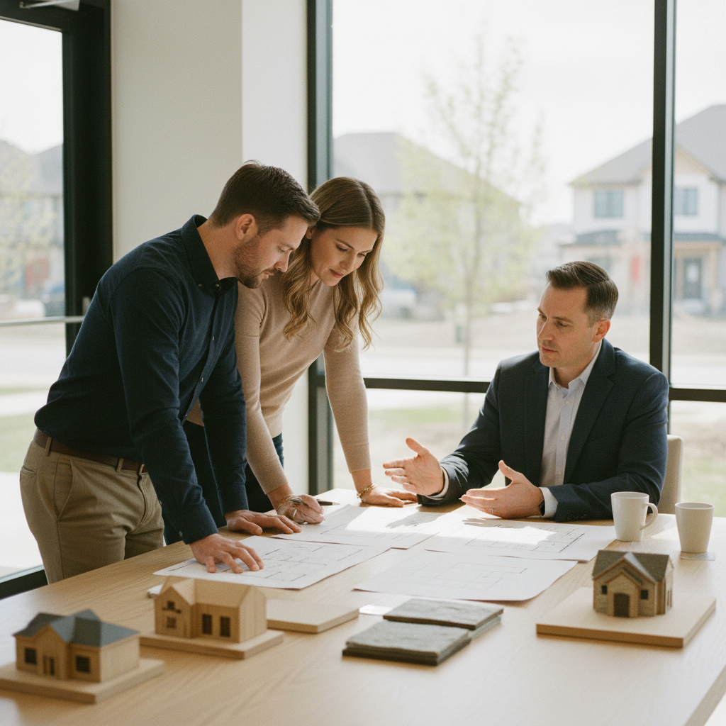 A couple and agent reviewing floor plans at a GTA new construction sales centre