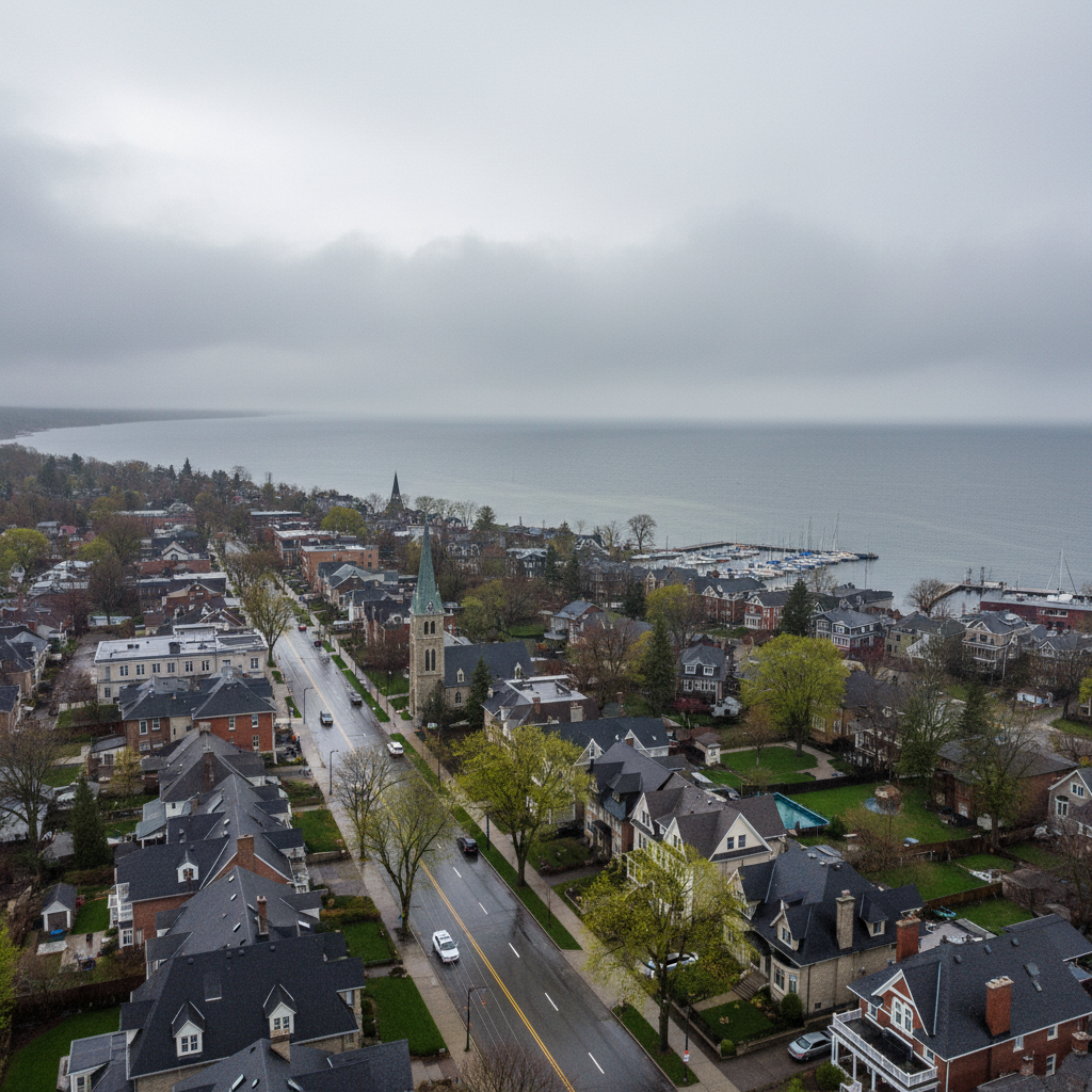 Drone aerial over Old Oakville Ontario on a rainy spring day, the lakefront and marina visible through low cloud, heritage homes with wet rooftops, trees just coming into leaf, the intimate scale of a historic lakeside town from above