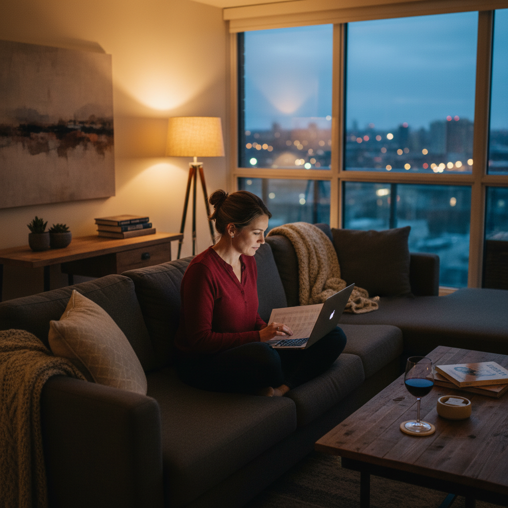 A woman reviewing investment data on a sofa in a Mississauga condo, lamplight, the intelligent evening life