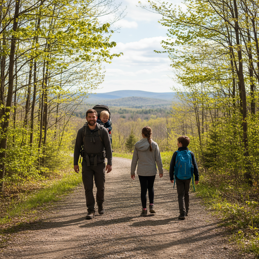 A family hiking the Oro-Medonte hills, Simcoe County's outdoor life made visible, the reason families keep choosing this region