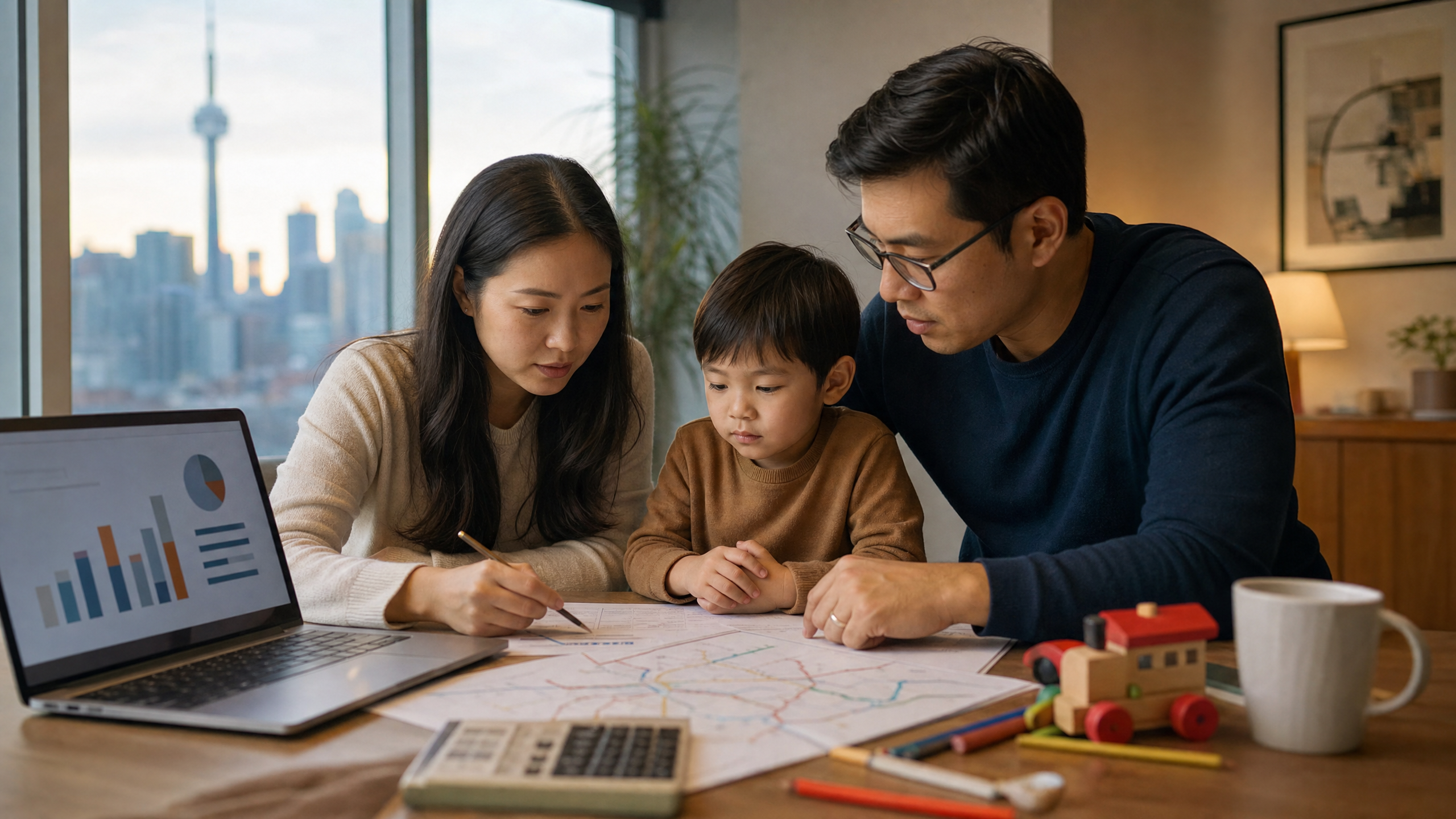 An Ontario family reviewing a housing budget at the dining table with Toronto in the background.