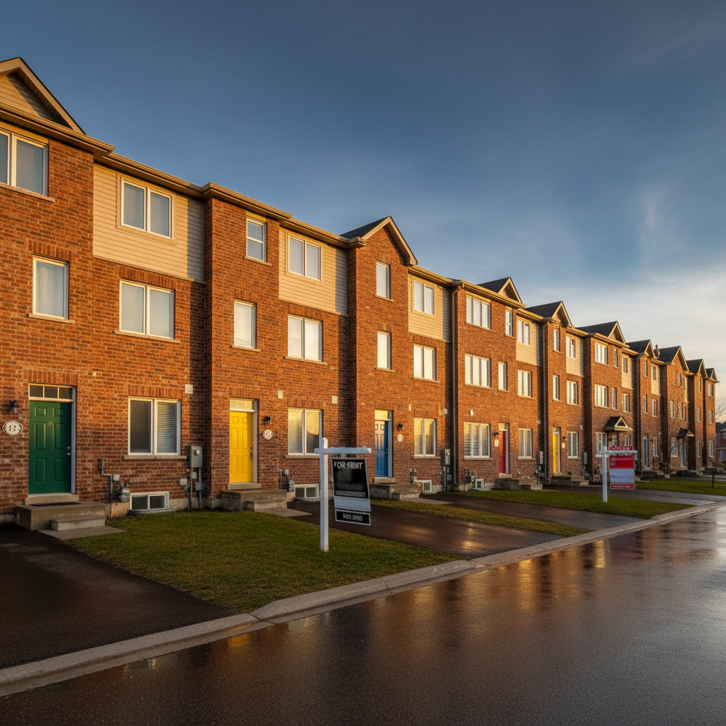 A row of Whitby townhomes in late afternoon light, for sale and for rent signs visible, the poetry of the investment market